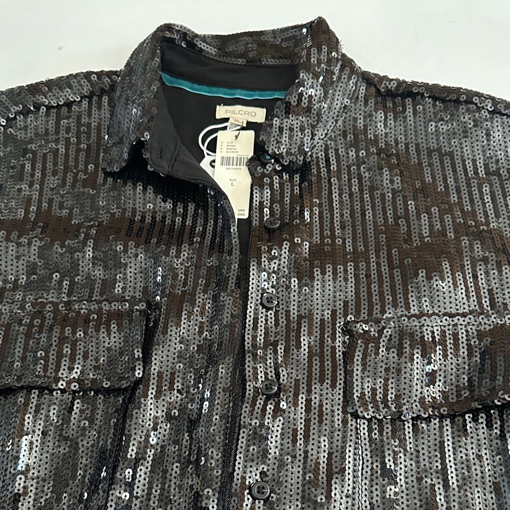 Pilcro Black Sequin Blouse 
LS w button cuff
Shoulder to bottom 31"
Sleeve 16"